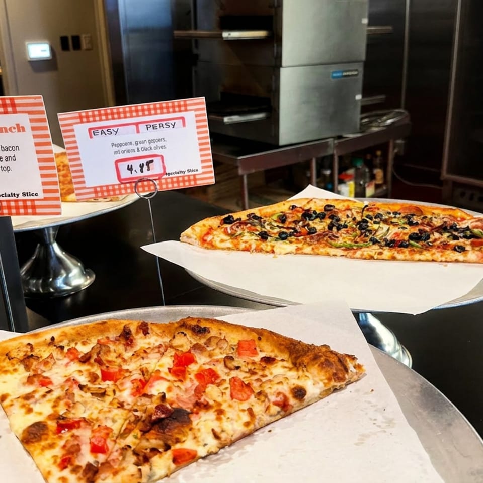 Two large pizza slices sit on metal stands, with menu signs labeling Chicken Bacon Ranch and Easy Persy varieties.