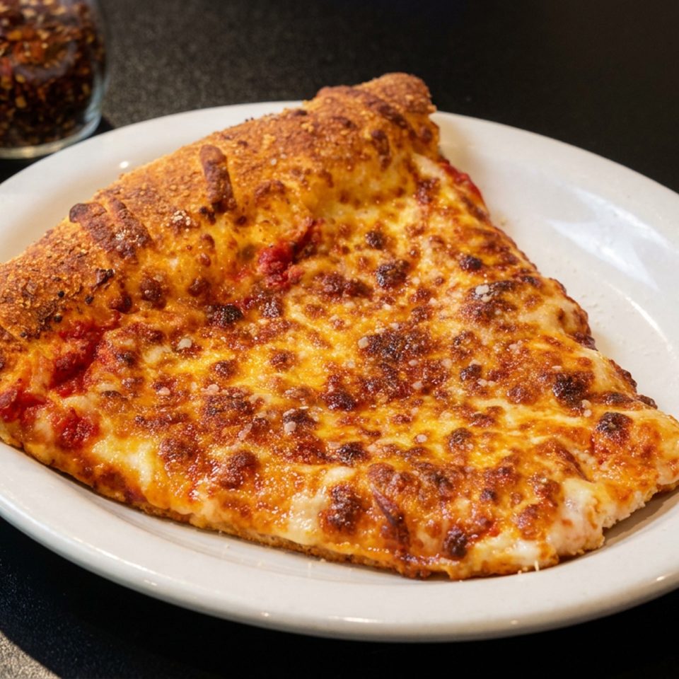 Large cheesy folded pizza slice on a white plate, with grated cheese and red pepper flakes in jars nearby.