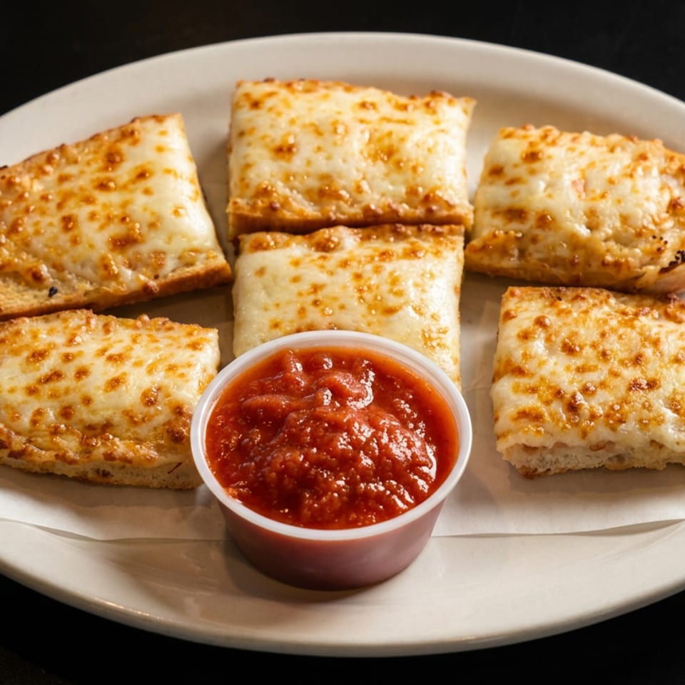 Six golden-brown cheesy bread pieces arranged on a plate with a cup of marinara dipping sauce.
