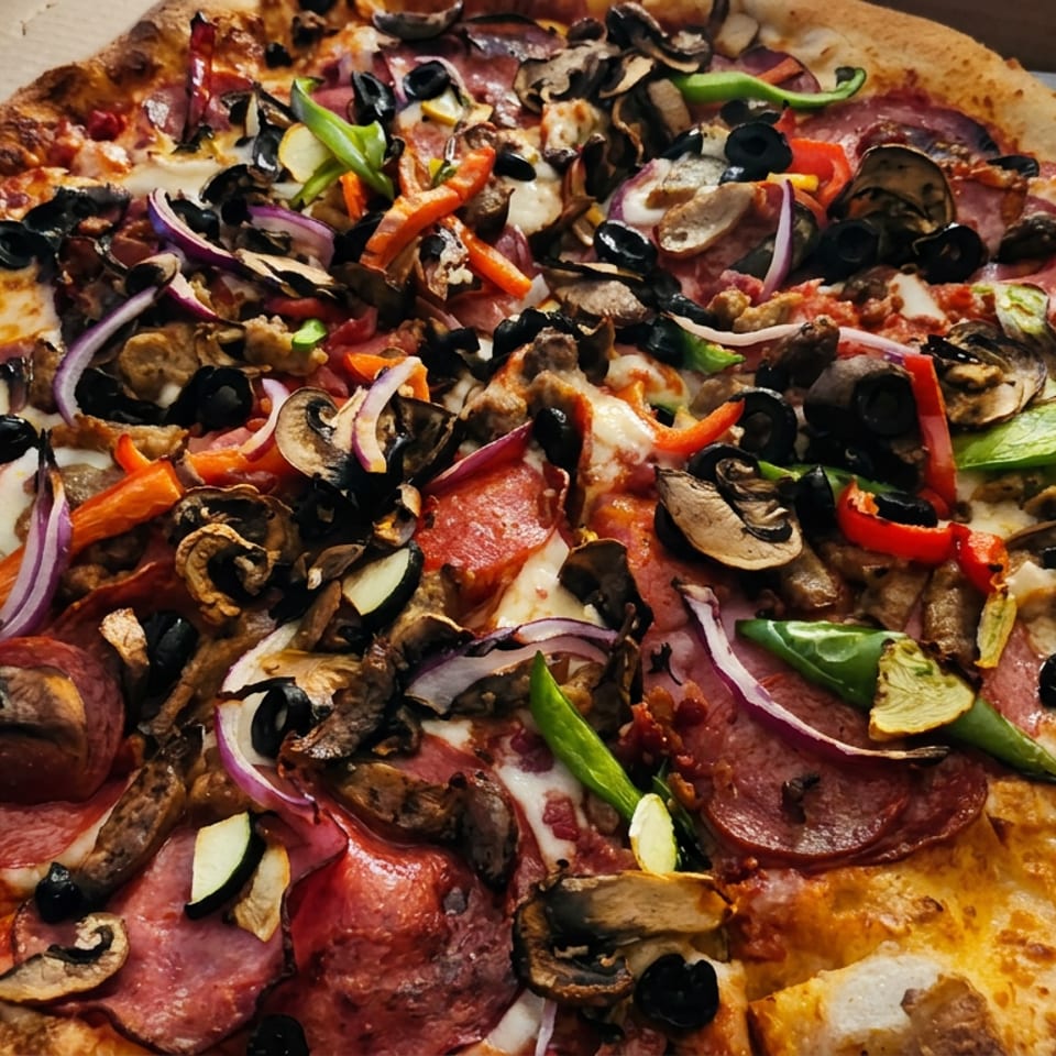 Large loaded pizza topped with pepperoni, mushrooms, black olives, onions, bell peppers, and a side of red sauce.