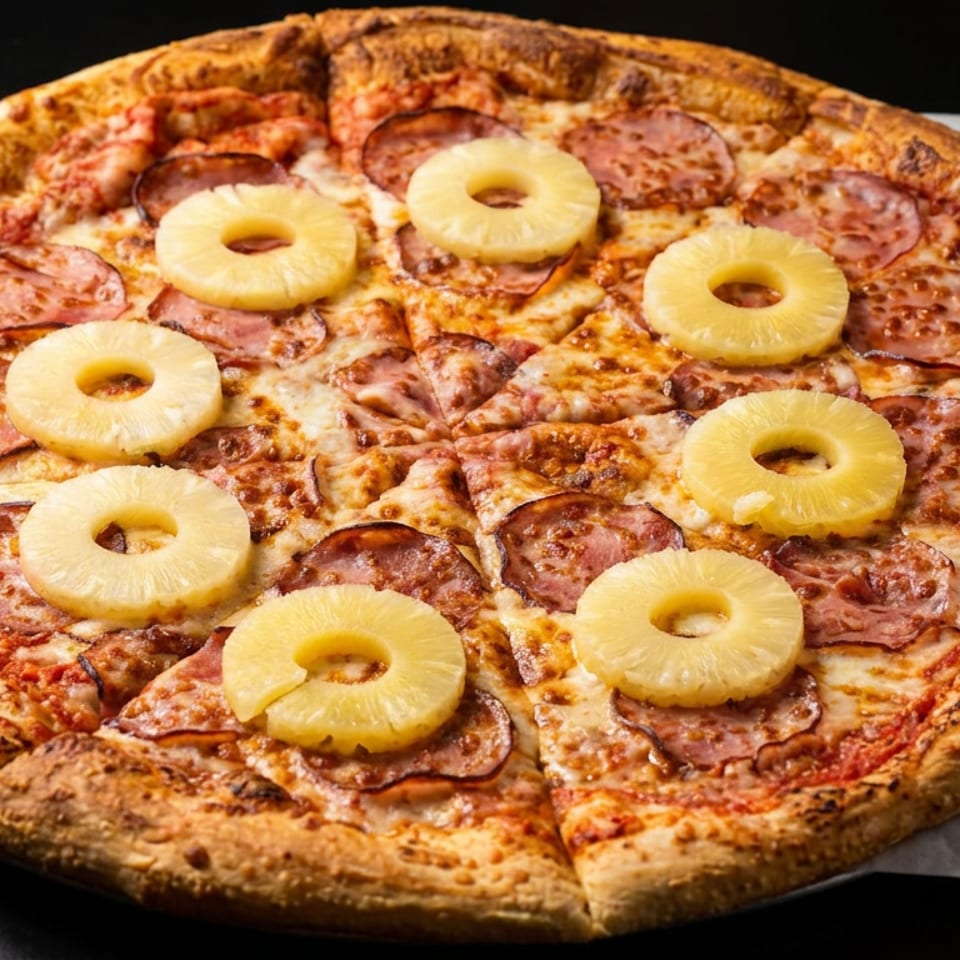 Large Hawaiian pizza topped with pepperoni, ham, melted cheese, and pineapple rings on a dark tabletop.